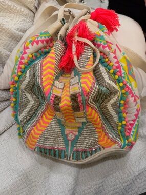 Embroidered Drawstring Backpack with Neon Pink & Turquoise Accents